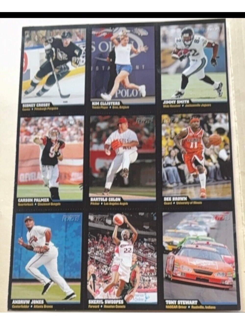 Topps Uncut Sports Trading Card Sheet 9 Cards Crosby Clijsters Palmer